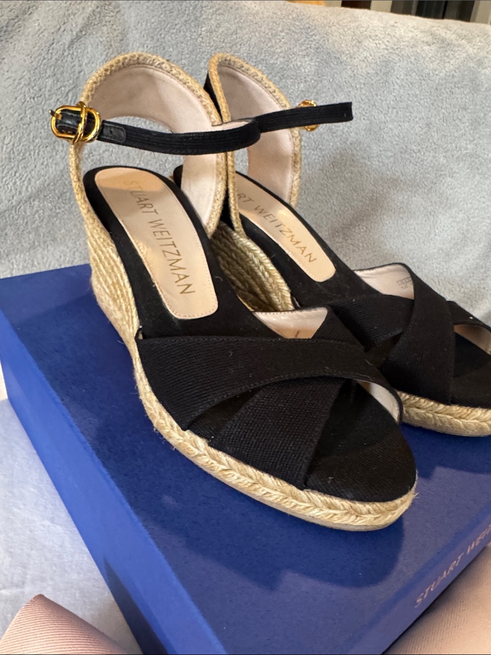 Stuart Weitzman Black Espadrille Wedge Sandals with Gold Buckle- 8.5
